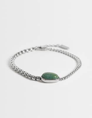 Asos Design Waterproof Stainless Steel Semi-precious Moss Agate Half And Half Chain Bracelet In Green