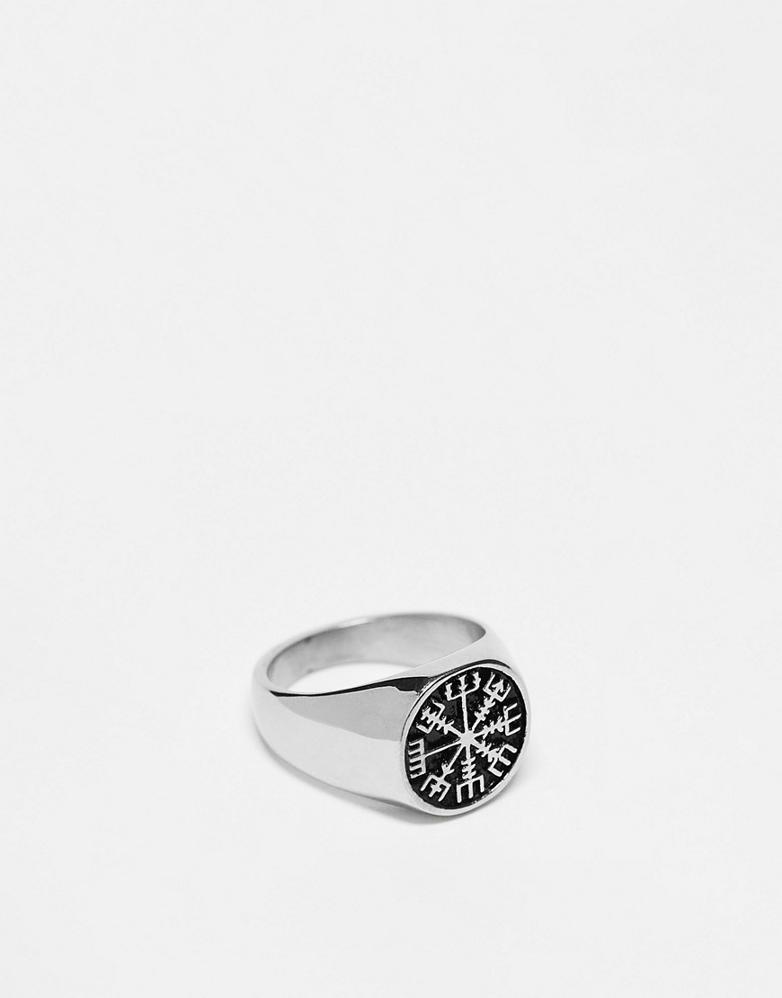 ASOS DESIGN waterproof stainless steel signet ring with ancient compass detail in burnished silver tone