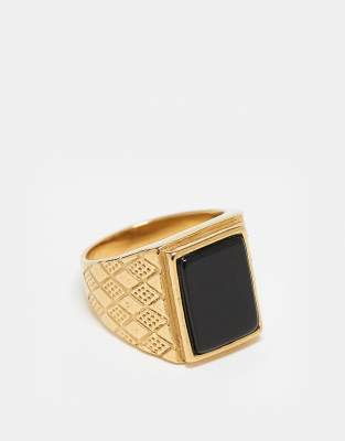 ASOS DESIGN waterproof stainless steel signet ring with black agate's in gold