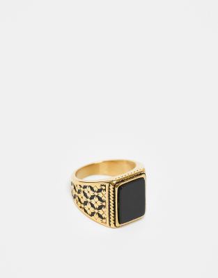 ASOS DESIGN ASOS DESIGN waterproof stainless steel signet ring with black agate stone in gold tone