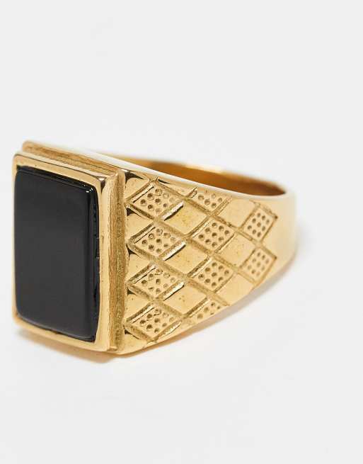 ASOS DESIGN waterproof stainless steel signet ring with black agate stone in gold  , 2 of 3