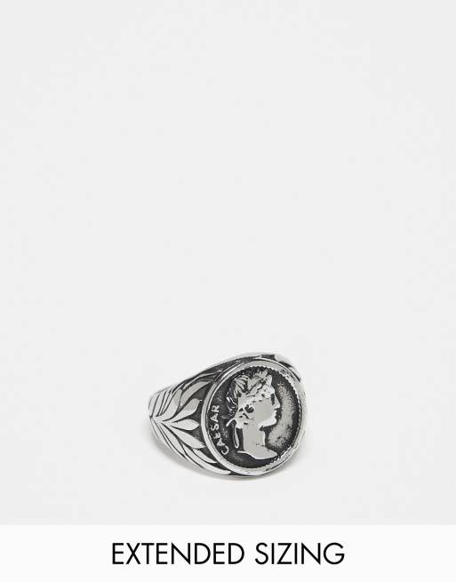  ASOS DESIGN waterproof stainless steel signet ring with Caesar in burnished silver tone