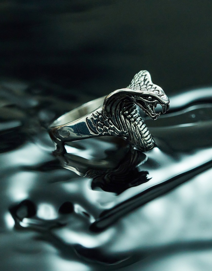 ASOS DESIGN waterproof stainless steel signet ring with cobra head in silver tone