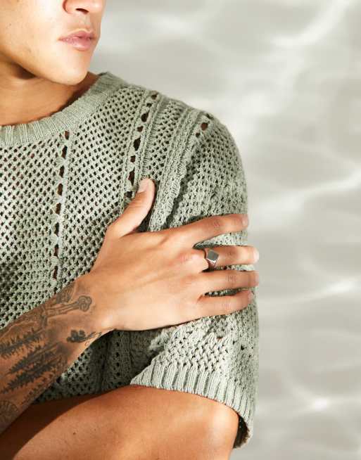 ASOS DESIGN waterproof stainless steel signet ring with diamond design in silver tone, 3 of 4