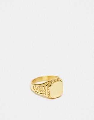 ASOS DESIGN waterproof stainless steel signet ring with embossing in gold tone