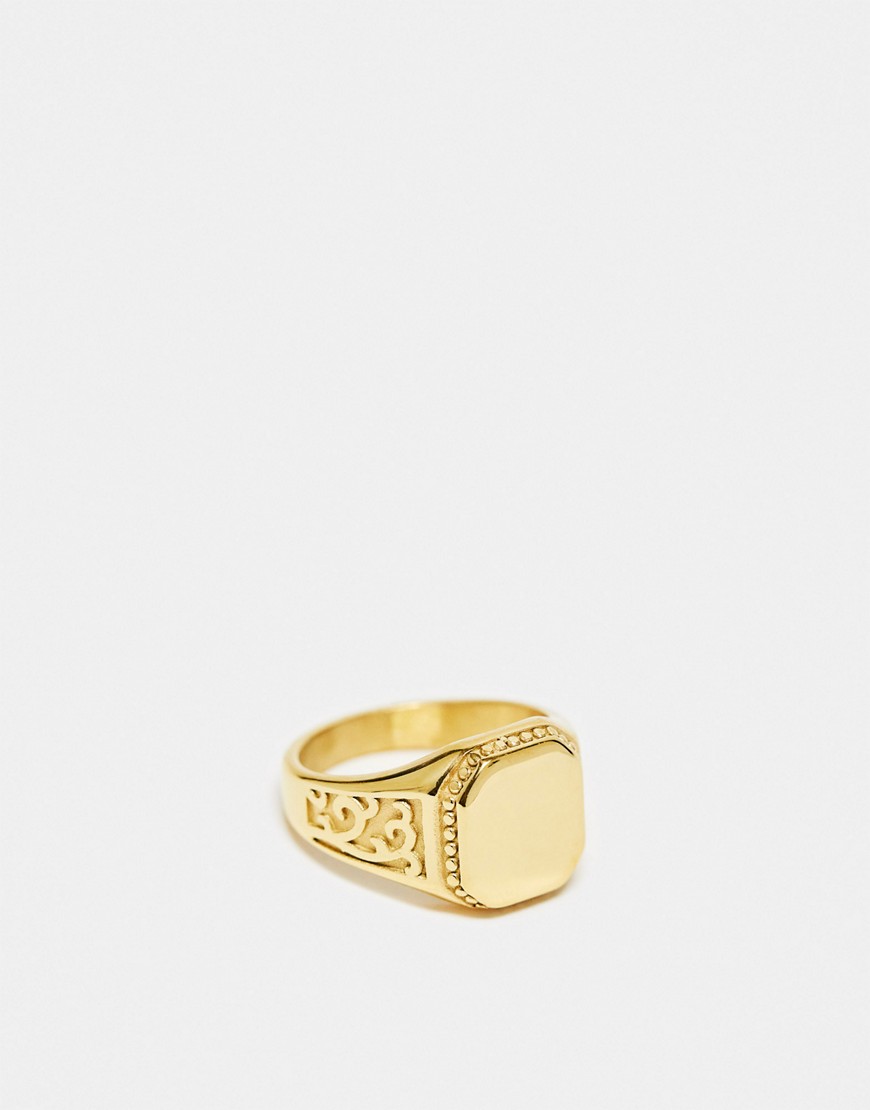 waterproof stainless steel signet ring with embossing in gold tone