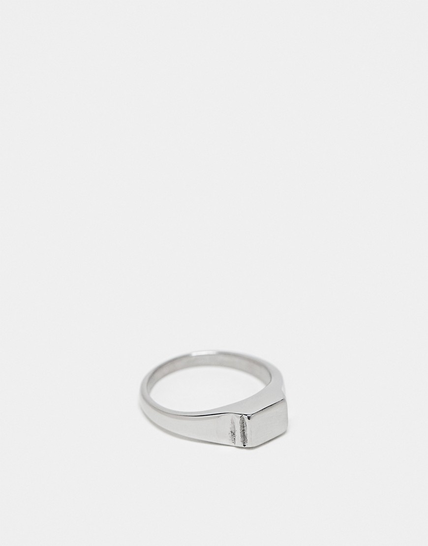 ASOS DESIGN waterproof stainless steel signet ring with embossing in silver tone