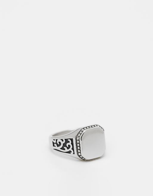  ASOS DESIGN waterproof stainless steel signet ring with embossing in silver tone