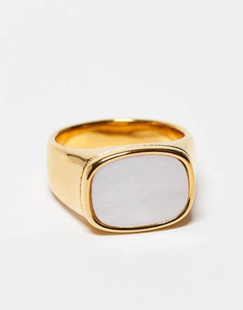 ASOS DESIGN waterproof stainless steel signet ring with faux mother of pearl in gold tone - view 1