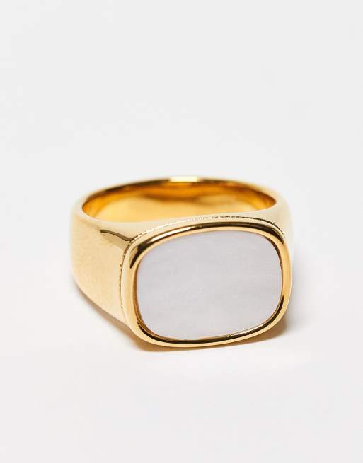 ASOS DESIGN waterproof stainless steel signet ring with faux mother of pearl in gold tone