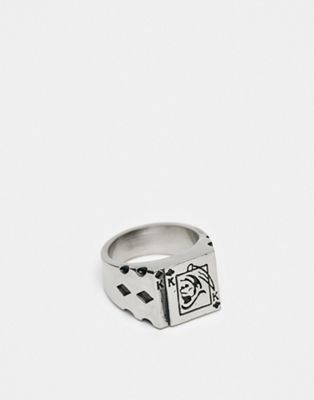 ASOS DESIGN waterproof stainless steel signet ring with playing card design in silver tone