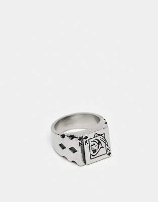 ASOS DESIGN waterproof stainless steel signet ring with playing card design in silver tone - ASOS Price Checker