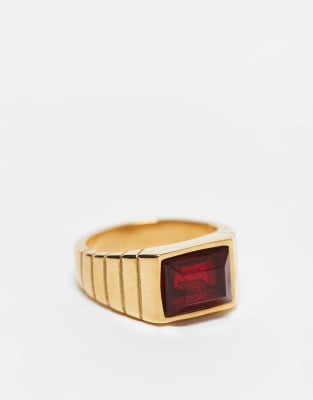 waterproof stainless steel signet ring with red stone in gold tone