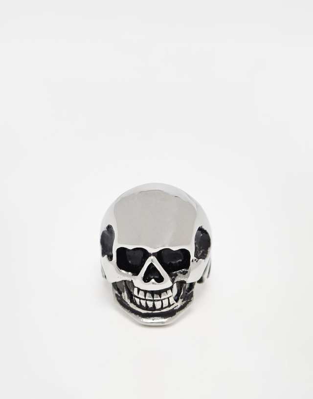 ASOS DESIGN waterproof stainless steel signet ring with skull in burnished silver