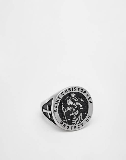 ASOS DESIGN waterproof stainless steel signet ring with st christopher in silver tone