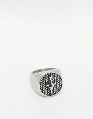 ASOS DESIGN waterproof stainless steel signet ring with trident design in burnished silver tone - ASOS Price Checker