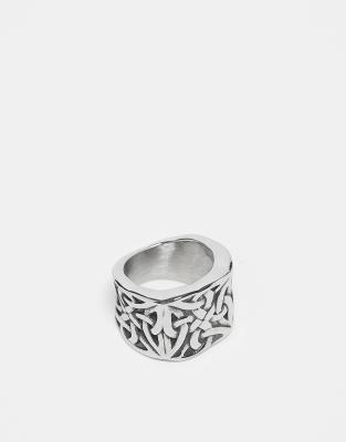 ASOS DESIGN ASOS DESIGN waterproof stainless steel signet ring with vintage design in burnished silver