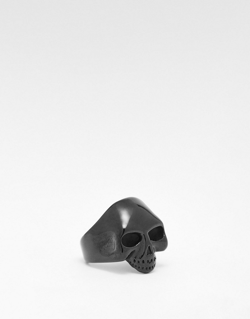 ASOS DESIGN waterproof stainless steel skull signet ring in black tone-Silver