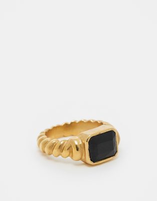 ASOS DESIGN ASOS DESIGN waterproof stainless steel slim band ring with black stone in gold tone