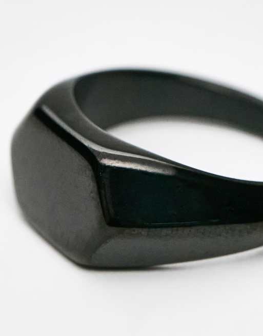 ASOS DESIGN waterproof stainless steel slim signet ring with embossed shoulder in shiny black, 2 of 4
