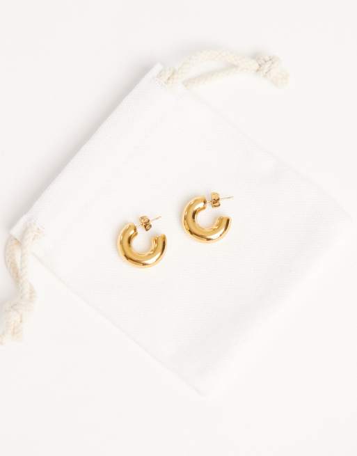 ASOS DESIGN waterproof stainless steel small chubby hoop earrings in gold tone with gift bag, 2 of 3