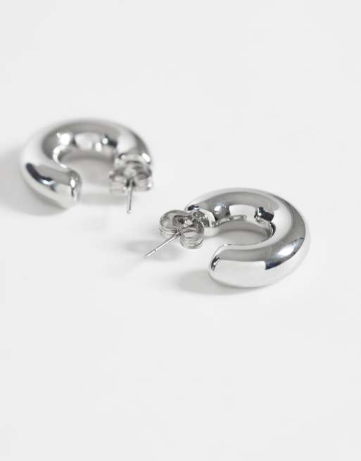 ASOS DESIGN waterproof stainless steel small chubby hoop earrings in silver tone with gift bag, 3 of 4