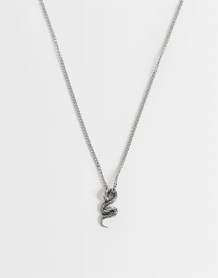 Asos Design Waterproof Stainless Steel Snake Pendant Necklace In Metallic