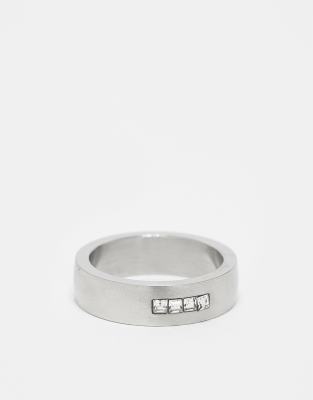 waterproof stainless steel square crystal plain band ring in brushed silver