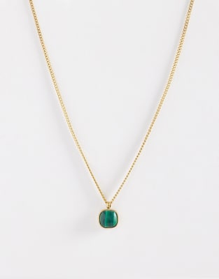Asos Design Waterproof Stainless Steel Square Faux Malachite Pendant Necklace In Gold