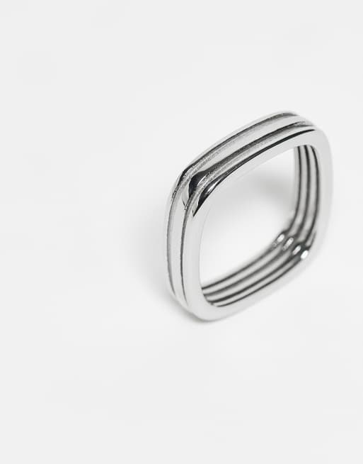 ASOS DESIGN waterproof stainless steel square triple groove detail ring in silver, 2 of 3