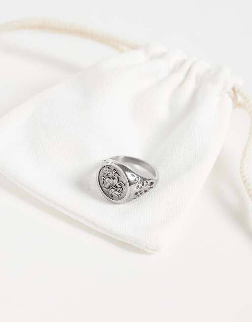 ASOS DESIGN waterproof stainless steel st chris signet ring in burnished silver, 2 of 3