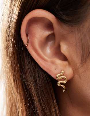 waterproof stainless steel stud earrings with snake design in gold tone