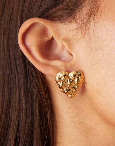 ASOS DESIGN waterproof stainless steel stud earrings with textured heart design in gold tone - view 1
