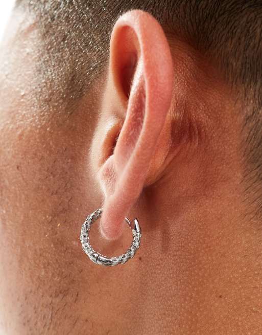 ASOS DESIGN waterproof stainless steel textured hoop earrings in silver tone, 3 of 4