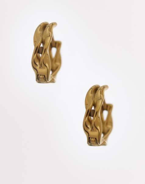 ASOS DESIGN waterproof stainless steel twisted double row huggie hoop earrings in gold - view 1