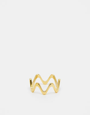 Asos Design Waterproof Stainless Steel Wave Ring In Gold Tone
