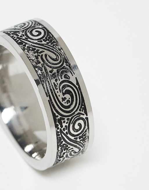 ASOS DESIGN waterproof stainless wave design ring in burnished silver