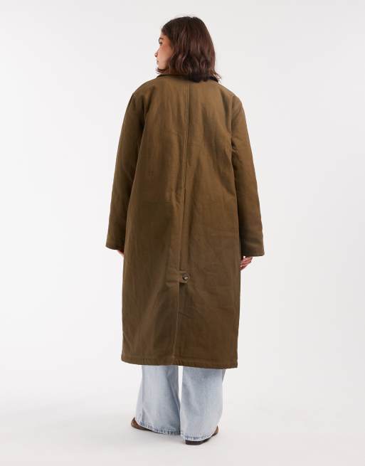 ASOS DESIGN – Wattierter Longline-Trenchcoat in Olivgrün mit Cord-Kragen, 3 von 4