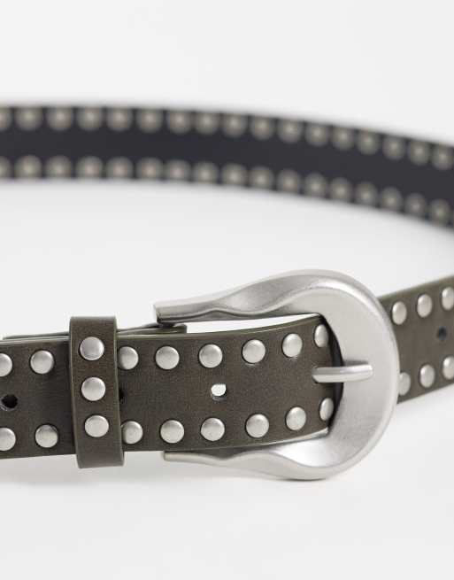 ASOS DESIGN wave molten buckle studded faux leather belt in taupe, 2 of 3