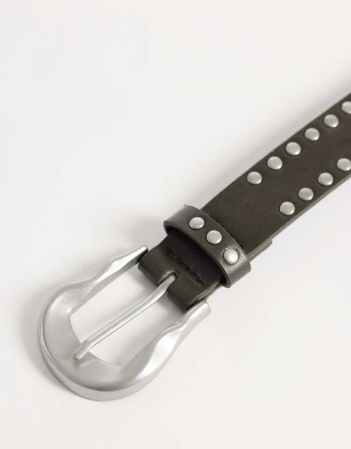 ASOS DESIGN wave molten buckle studded faux leather belt in taupe, 3 of 3