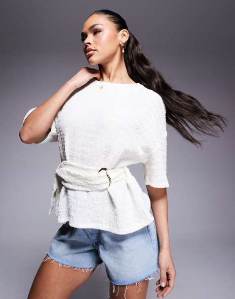 ASOS DESIGN wavey texture batwing top with gold trim detail in ivory - view 1