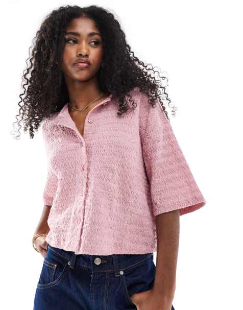 ASOS DESIGN wavey texture boxy half sleeve textured shirt co ord in pink - view 1