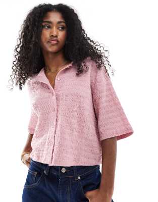 Asos Design Wavy Texture Boxy Half Sleeve Textured Shirt In Pink