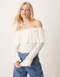 [ASOS DESIGN] ASOS DESIGN wavy textured bardot top with flute cuff detail in cream-White XS CREAM