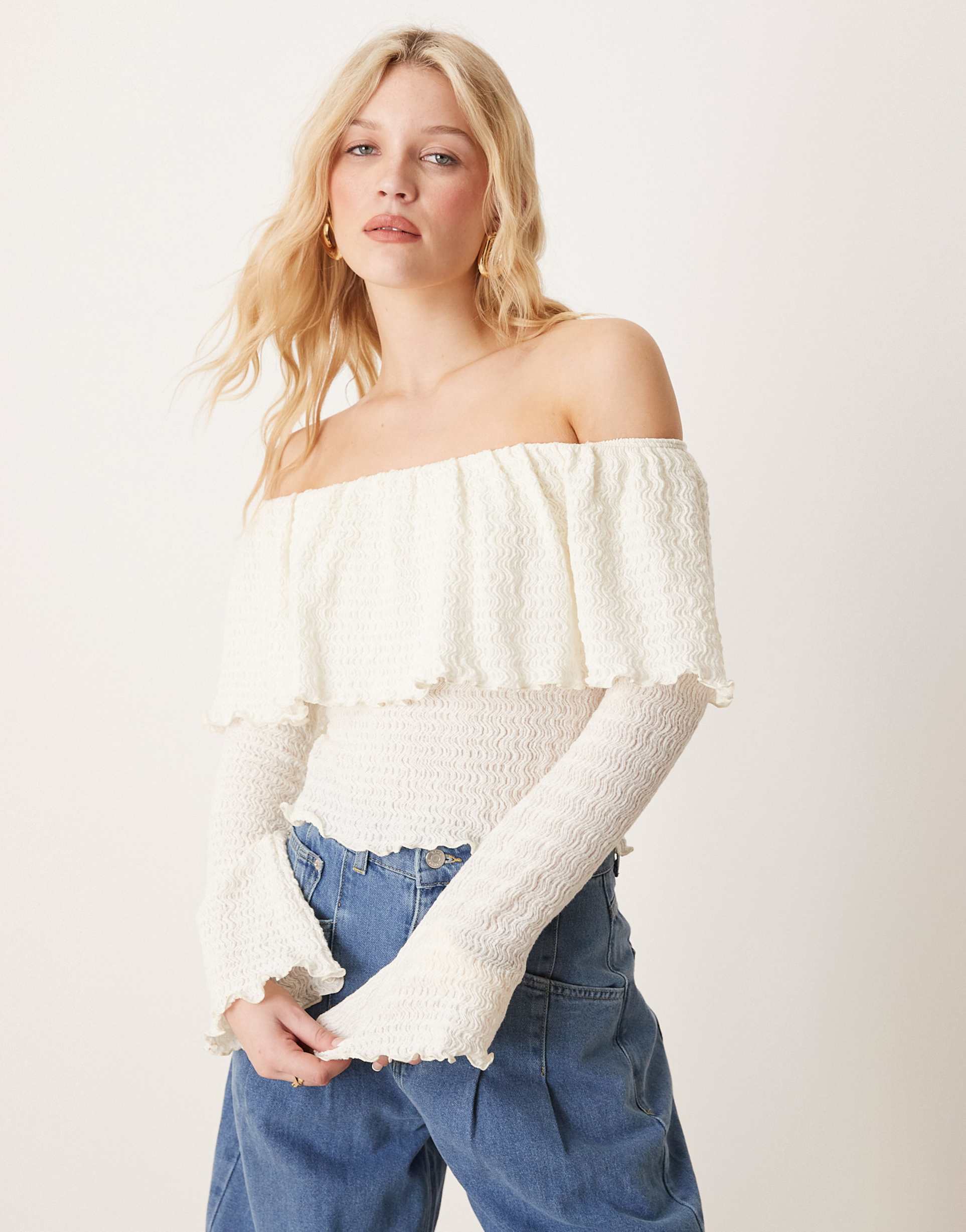 asos design wavy textured bardot top with fluted cuff detail in cream