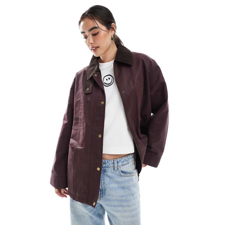 ASOS DESIGN waxed cinched waist jacket with contrast collar