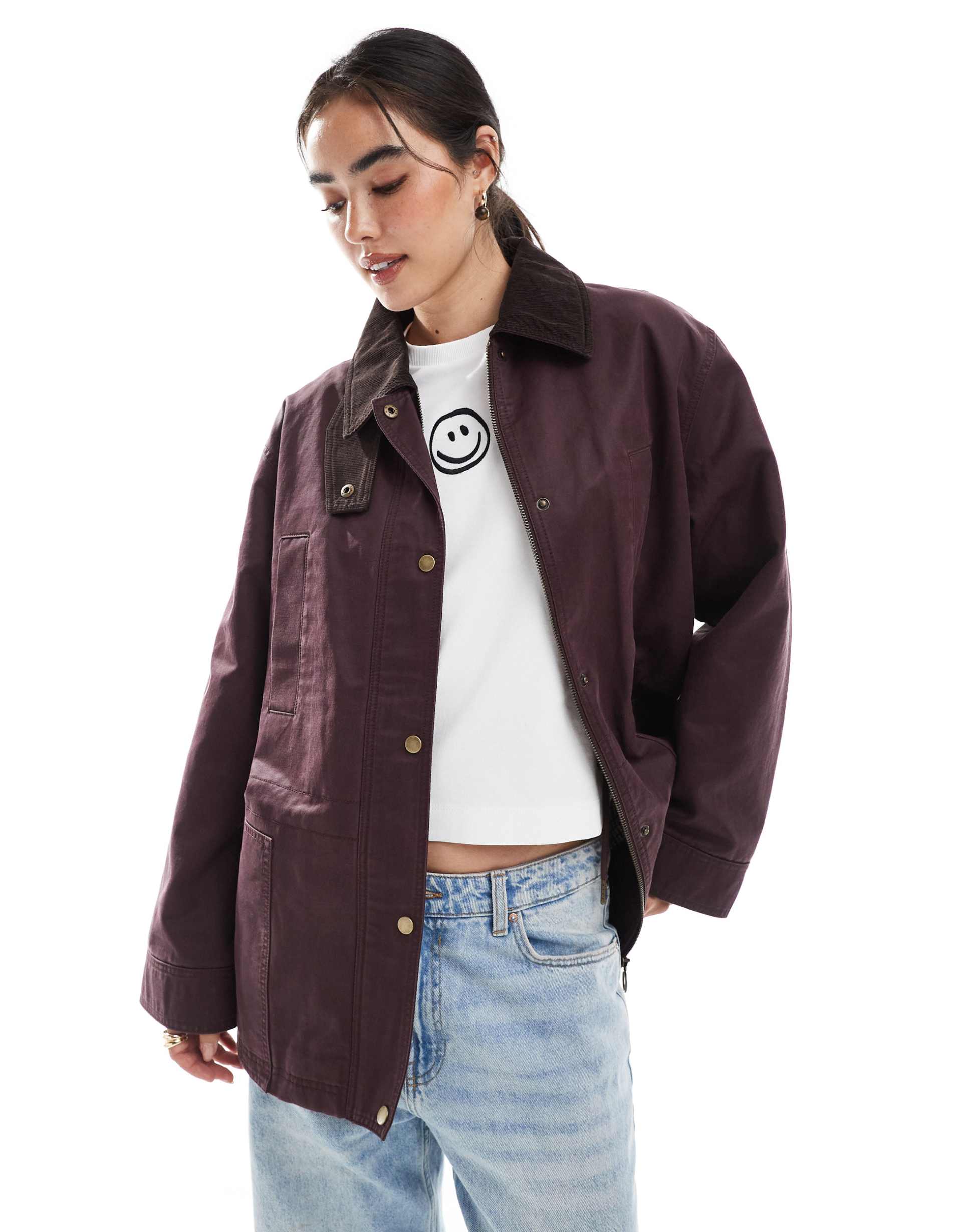 asos design waxed cinched waist jacket with contrast collar in plum