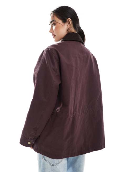 ASOS DESIGN waxed cinched waist jacket with contrast collar in plum , 2 of 4