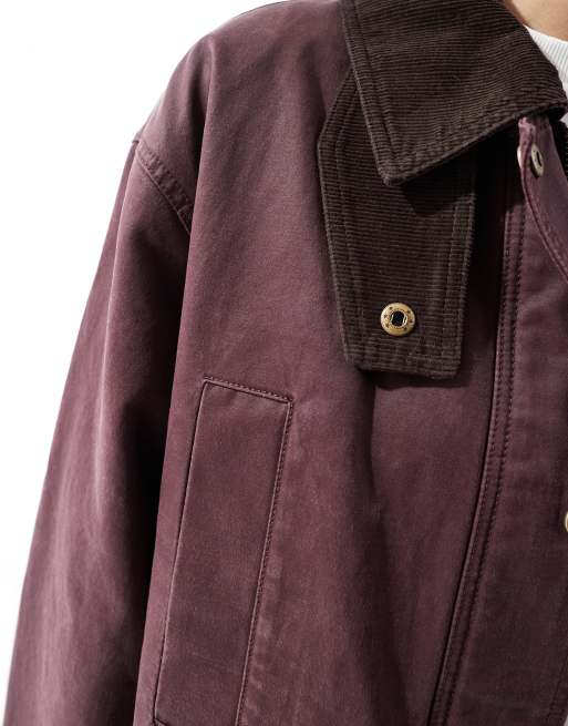 ASOS DESIGN waxed cinched waist jacket with contrast collar in plum , 3 of 4