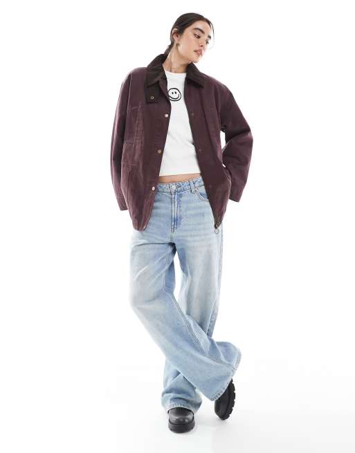ASOS DESIGN waxed cinched waist jacket with contrast collar in plum , 4 of 4